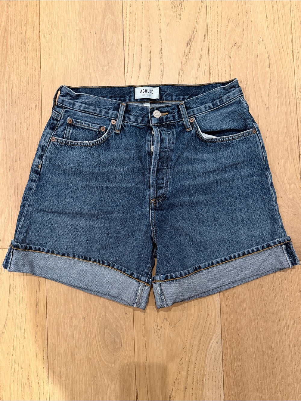 Agolde Dark Blue High-Rise Rolled Hem Jean Shorts